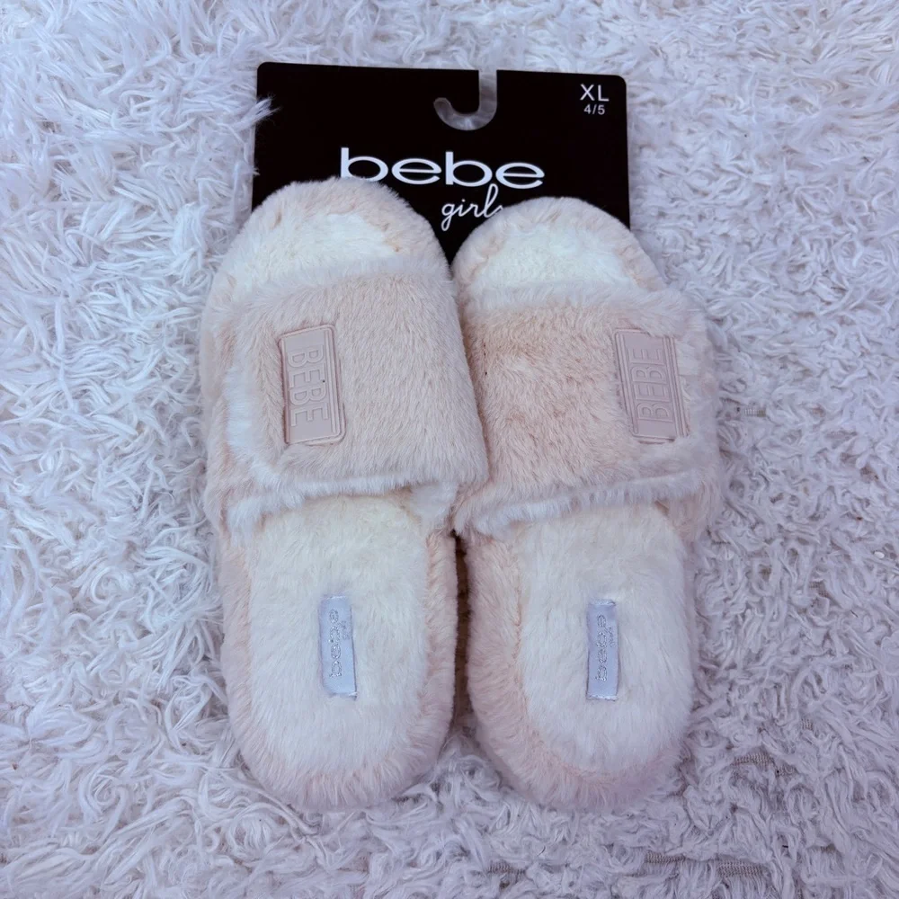 NWT Bebe Girl Plush fuzzy pink & white comfy slide Slippers size 4.5 & 2.5